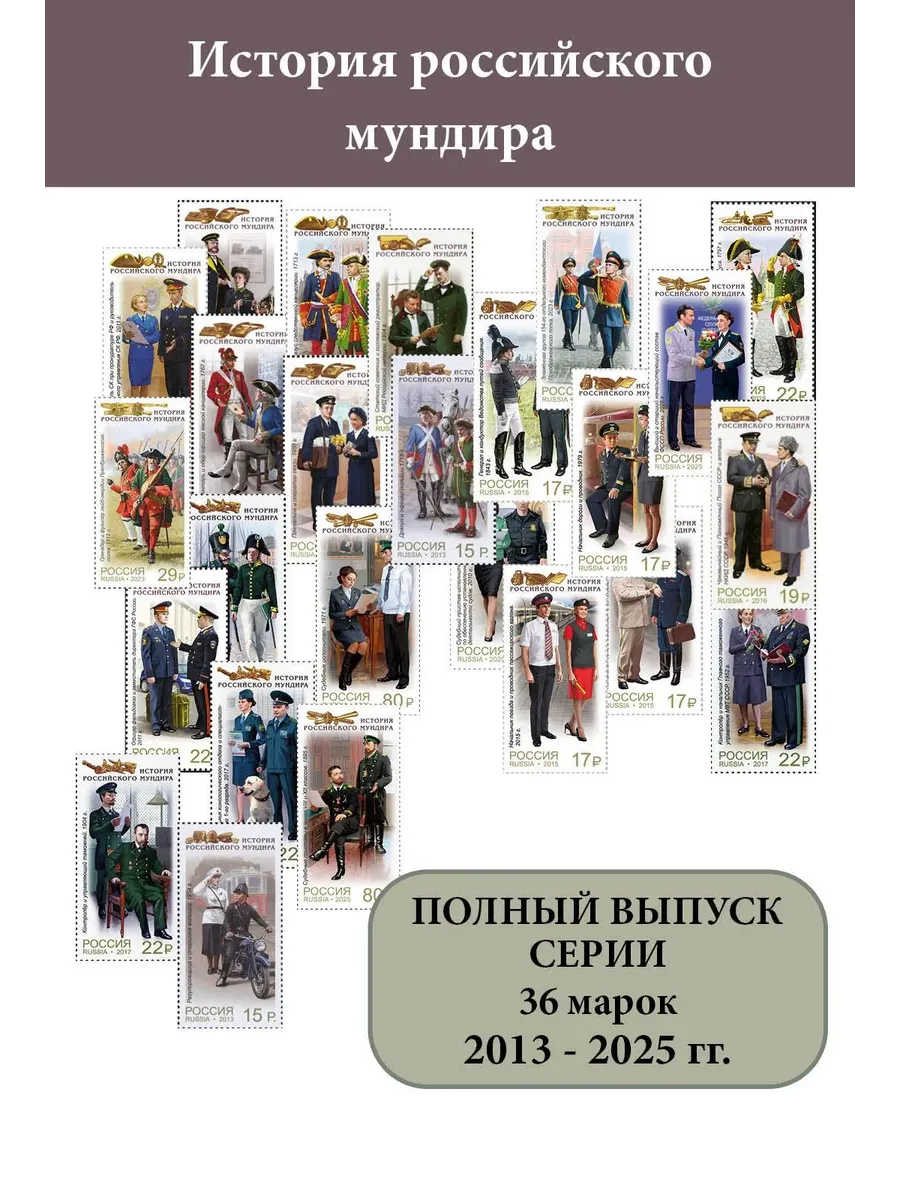 Россия 2013 - 2025 История российского мундира (все выпуски - 36 марок)