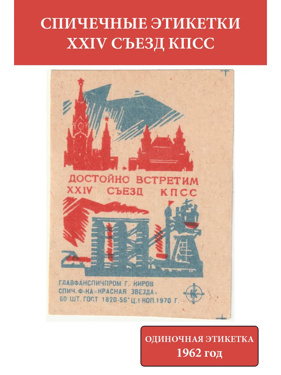 Спичечные этикетки СССР 1970 "Достойно встретим XXIV съезд КПСС" (одиночная)