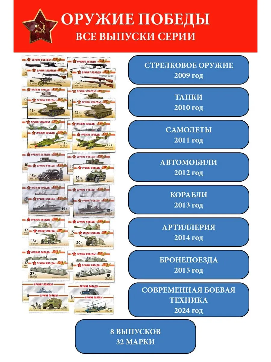 Марка Россия 2009-2015 + 2024 Оружие Победы 32 марки (все выпуски серии "Оружие Победы" )